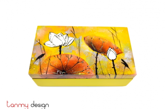 Yellow rectangular lacquer box hand-painted with lotus pond 8*14*H5 cm
